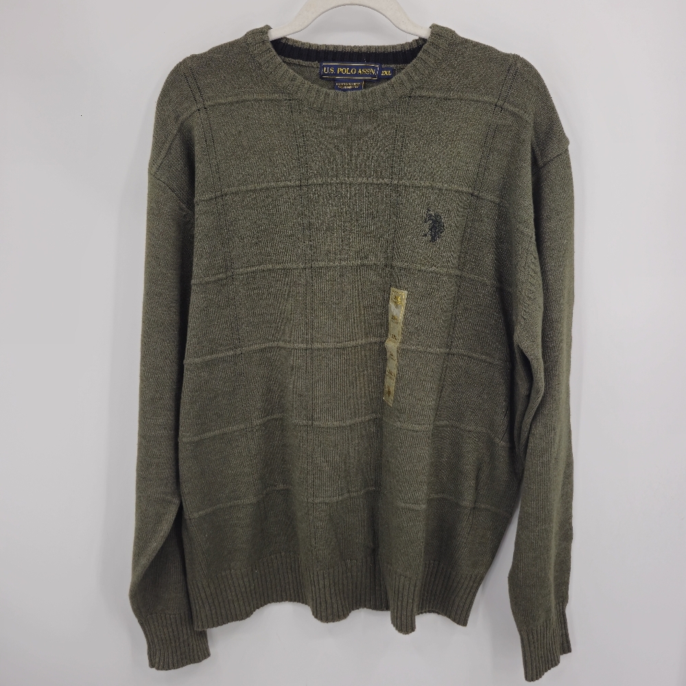 NWT US Polo Assn Olive Green Grandpa Windowpane Grid Sweater Size 2XL